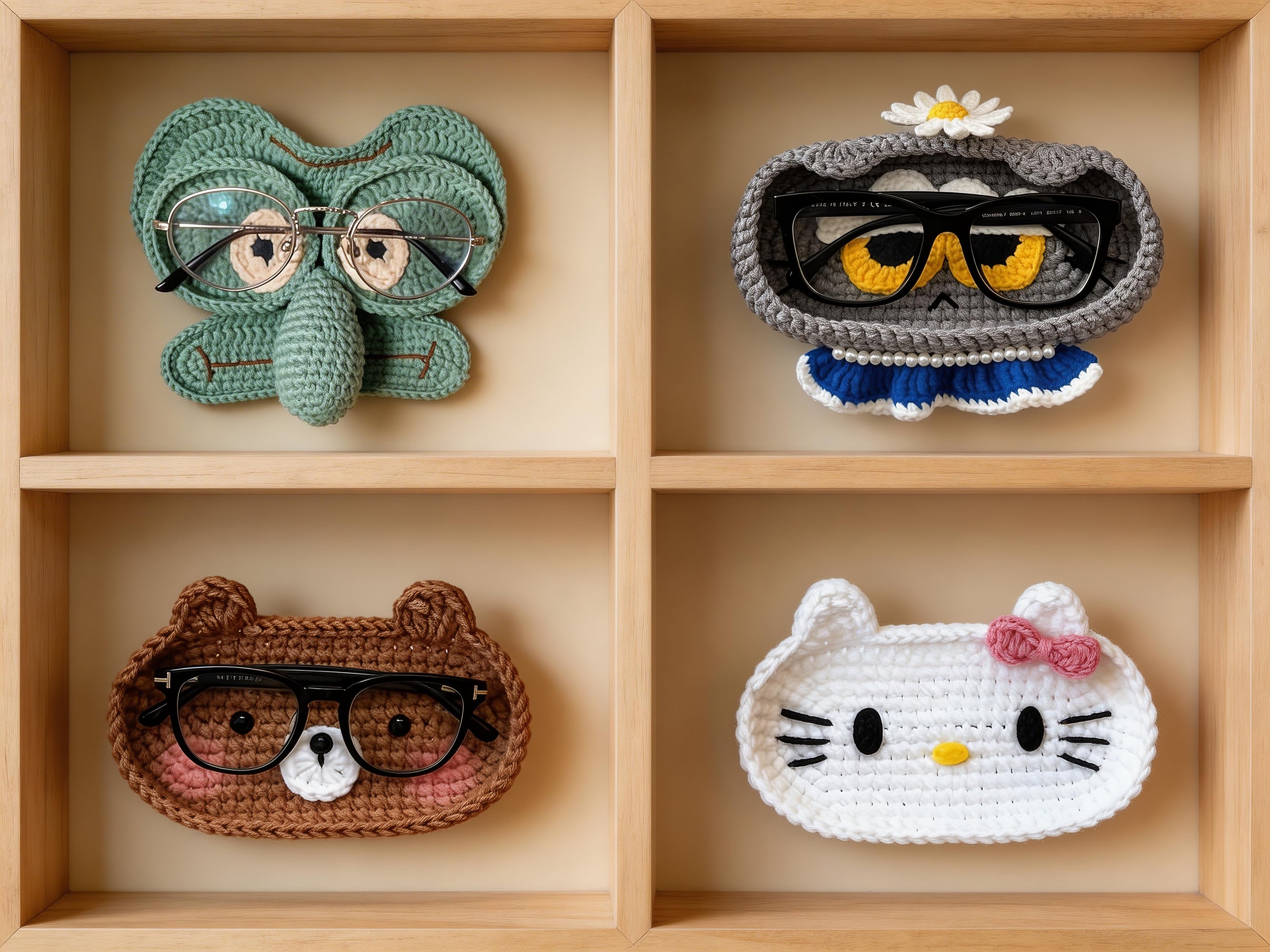 4-in-1 Glasses Holder Crochet Pattern Bundle | Animal Eyeglass Tray Set | Bear Cat Octopus PDF