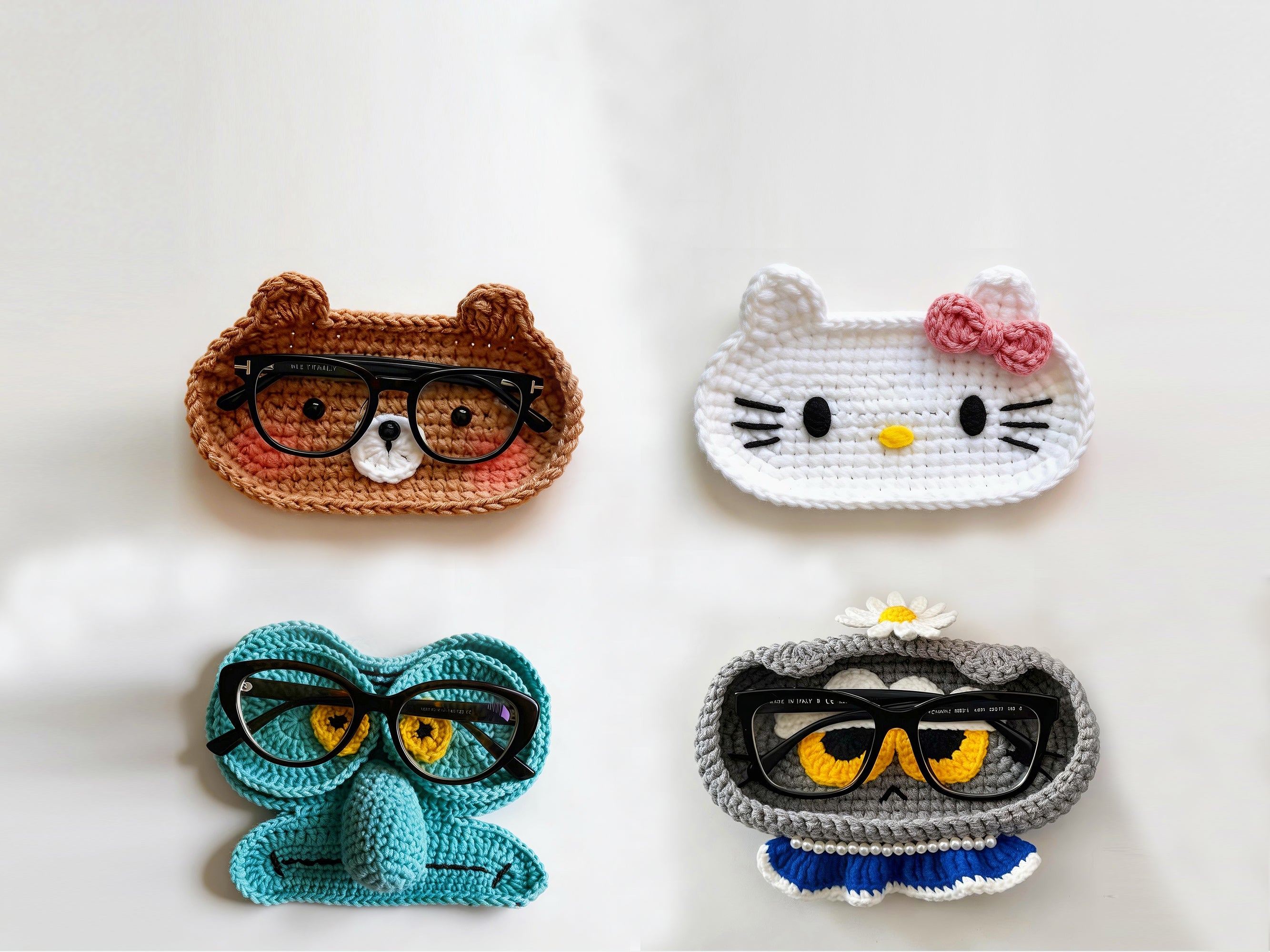 4-in-1 Glasses Holder Crochet Pattern Bundle | Animal Eyeglass Tray Set | Bear Cat Octopus PDF