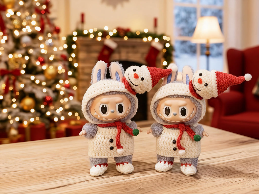 Labubu Snowman Outfit Crochet Pattern – Hooded Dress & Scarf Set | Christmas plush Clothes