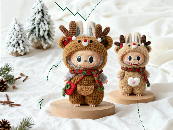 Labubu Reindeer Christmas Outfit Crochet Pattern | Doll Hood & Overalls Amigurumi Costume | Monster Clothes Pattern