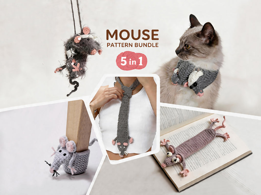 Rat Crochet Pattern Bundle – 5-in-1 Mouse Crochet Patterns,  Amigurumi Keychain Scarf Bookmark Tie
