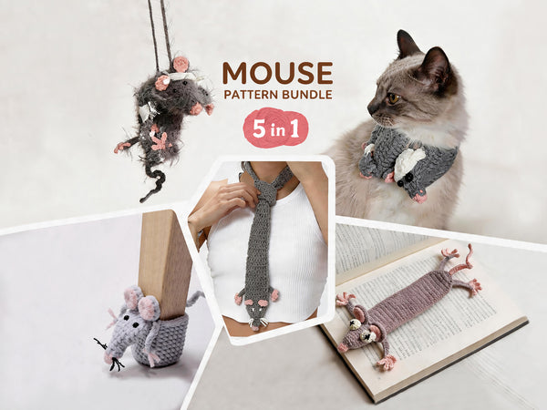 Rat Crochet Pattern Bundle – 5-in-1 Mouse Crochet Patterns,  Amigurumi Keychain Scarf Bookmark Tie