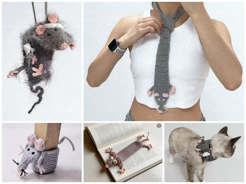 Rat Crochet Pattern Bundle – 5-in-1 Mouse Crochet Patterns,  Amigurumi Keychain Scarf Bookmark Tie
