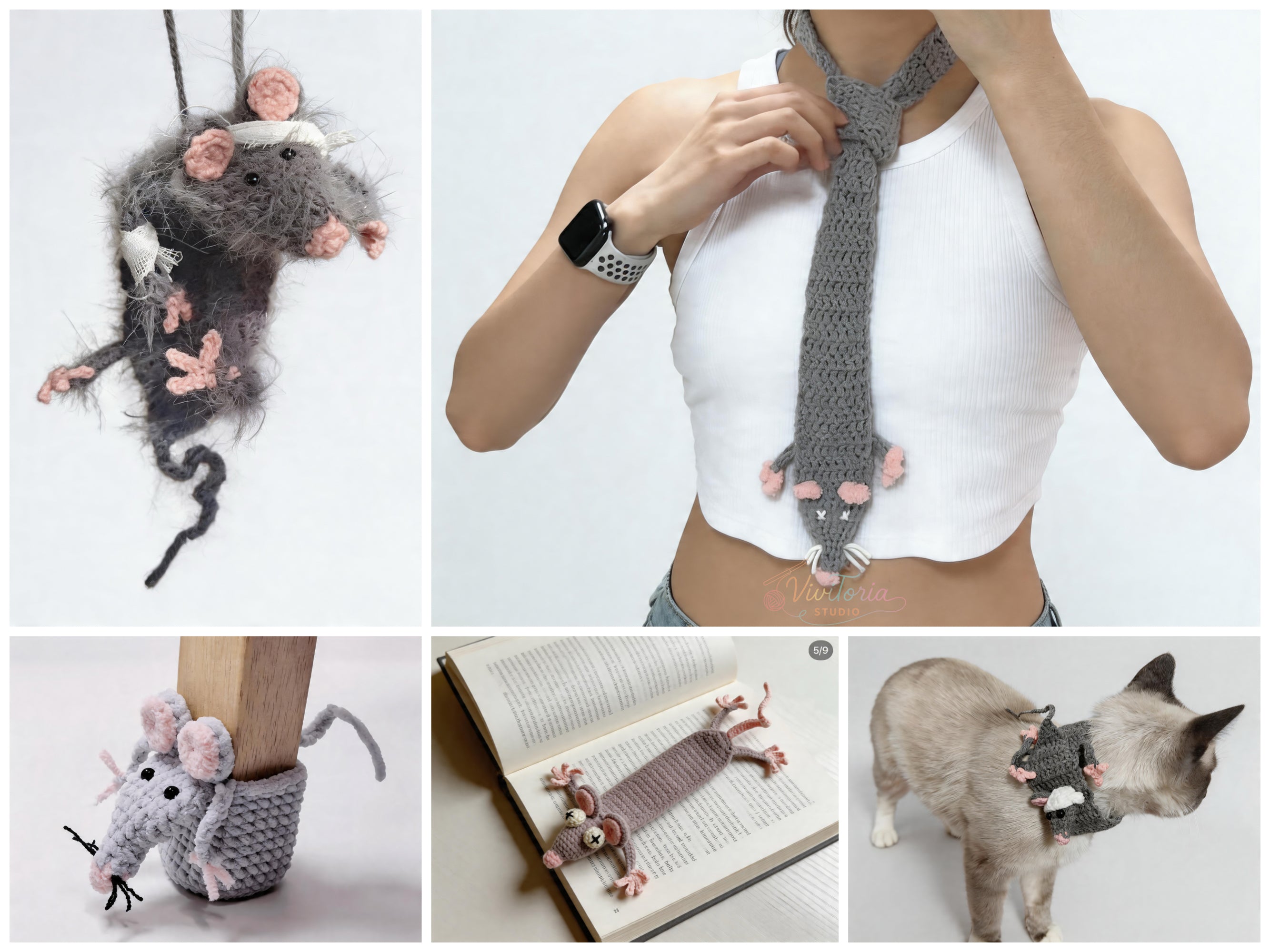 Rat Crochet Pattern Bundle – 5-in-1 Mouse Crochet Patterns,  Amigurumi Keychain Scarf Bookmark Tie