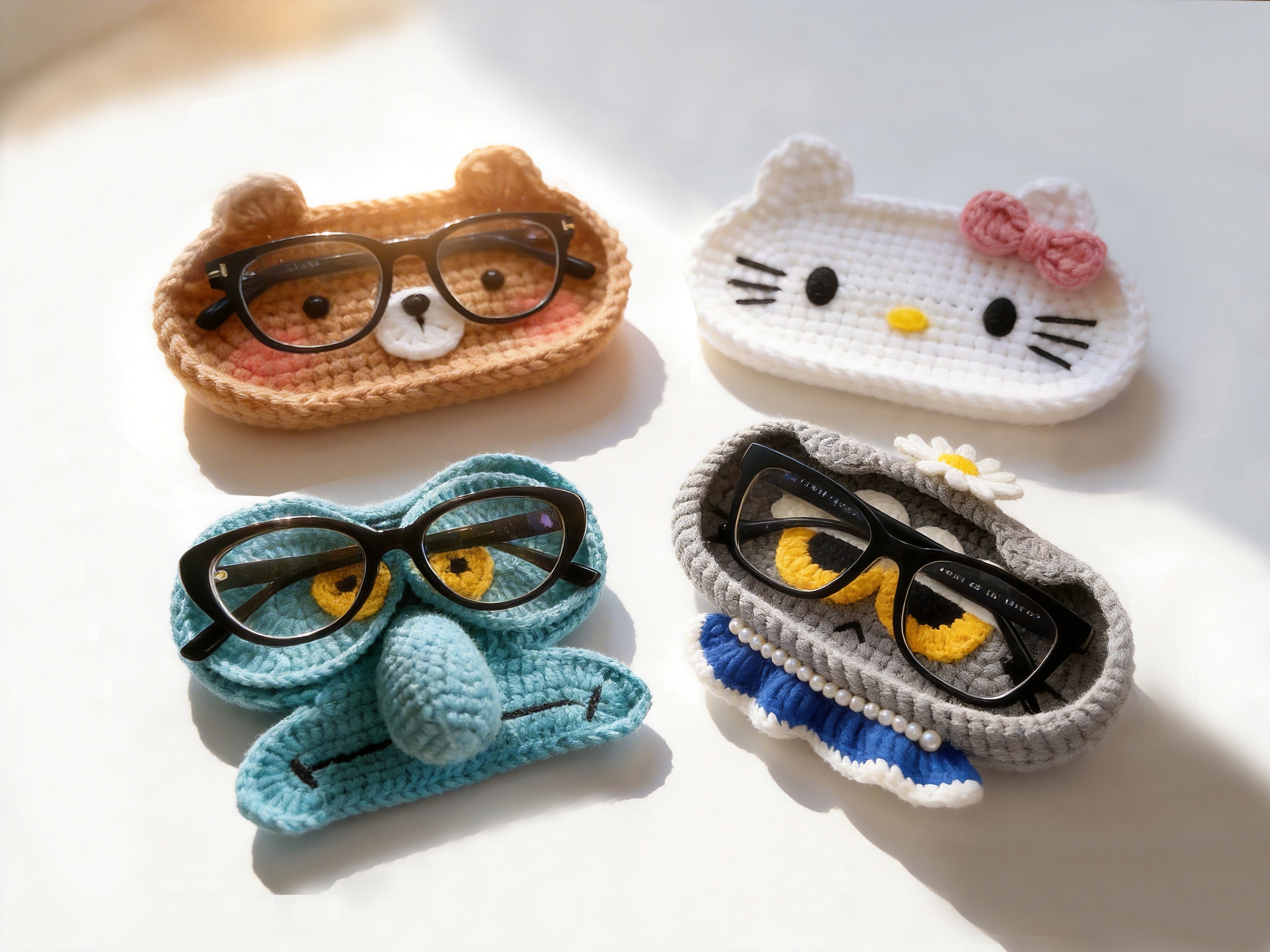 4-in-1 Glasses Holder Crochet Pattern Bundle | Animal Eyeglass Tray Set | Bear Cat Octopus PDF