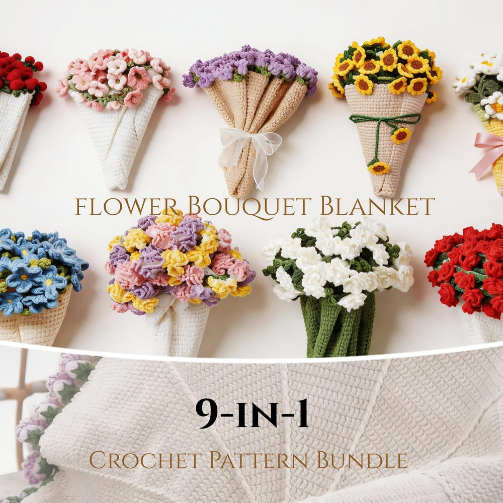 Flower Bouquet Blanket Crochet Pattern – 9-in-1 Floral Bundle PDF