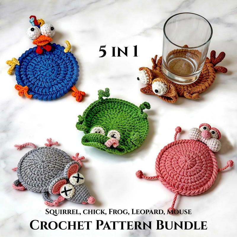 5-in-1 Popping Coaster Crochet Pattern Bundle – Amigurumi Mug Rug PDF