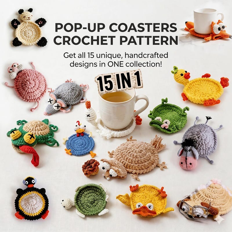 15-in-1 Pop-Up Animal Coaster Crochet Pattern Bundle – Mug Rug PDF