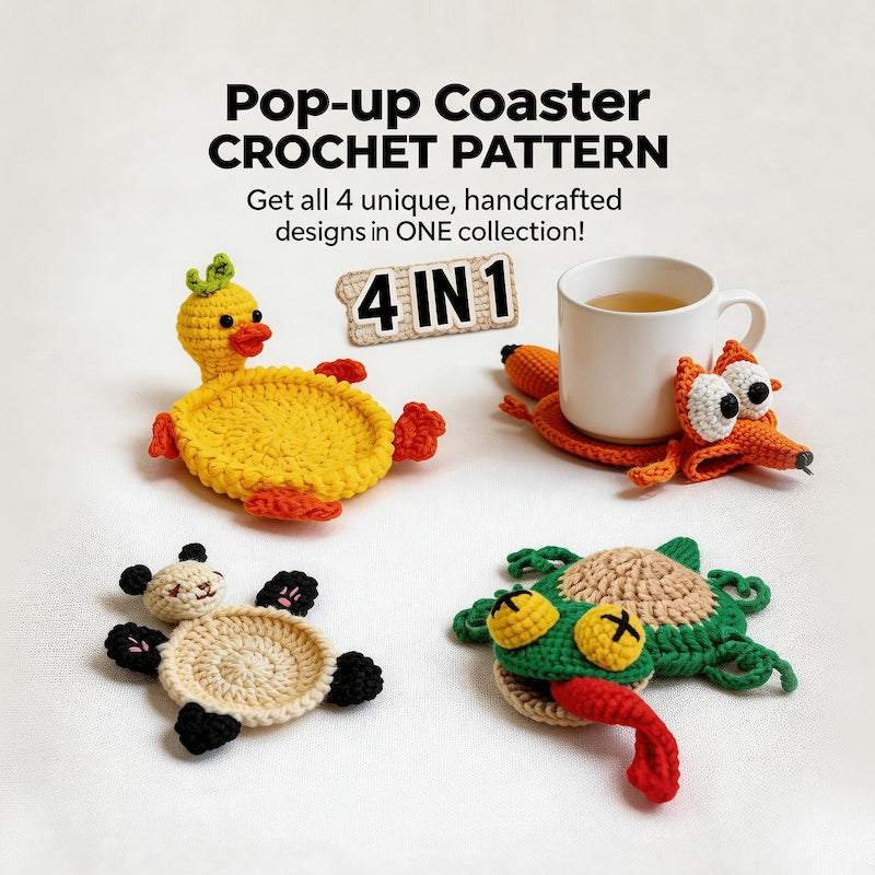 4-in-1 Pop-Up Coaster Crochet Pattern Bundle – Amigurumi Mug Rug PDF