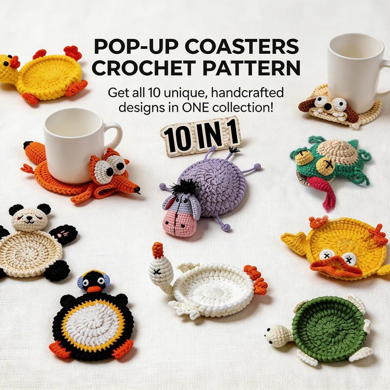 10-in-1 Animal Coaster Crochet Pattern Bundle – Pop-Up Mug Rug PDF