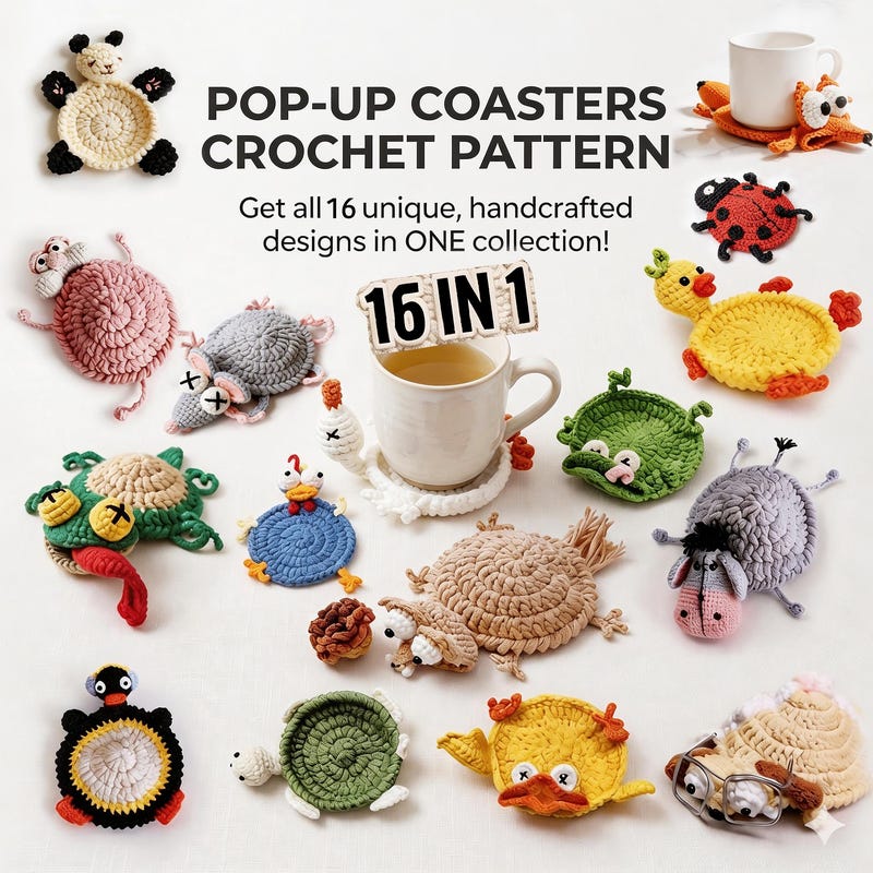 16-in-1 Animal Coaster Crochet Pattern Bundle – Pop-Up Mug Rug PDF