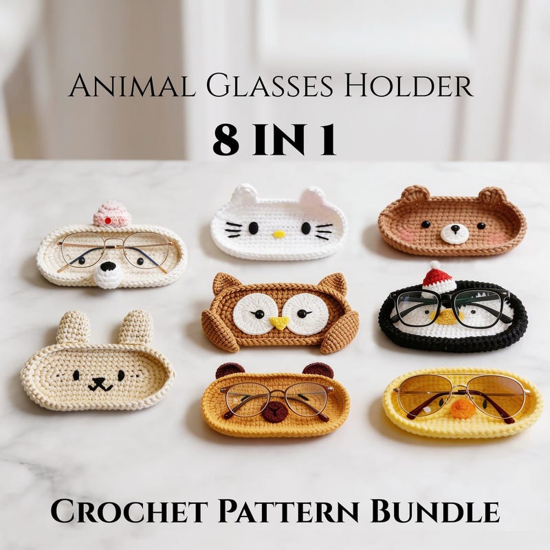 Animal Glasses Holder Crochet Pattern – Bear, Duck, Owl, Bunny & Capybara