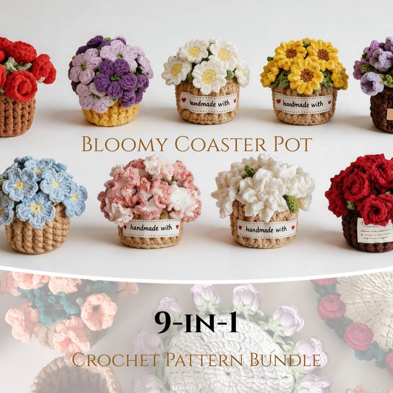 Flower Coaster Pot Crochet Pattern – 9-in-1 Floral Coaster Set PDF