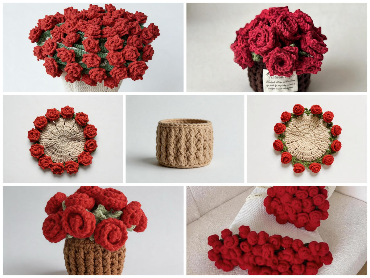 Rose Flower Coaster Pot & Bouquet Blanket Crochet Pattern