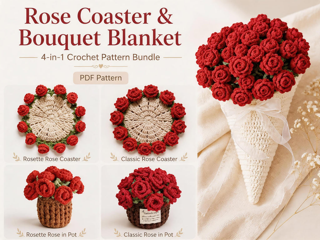 Rose Flower Coaster Pot & Bouquet Blanket Crochet Pattern